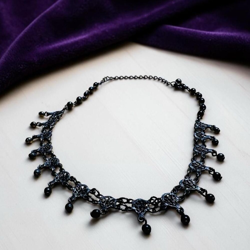 Black Bead Choker Necklace Gothic Filigree Station Dangle Drops Victorian 16in